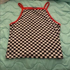 Checkered board print crop top with red lining